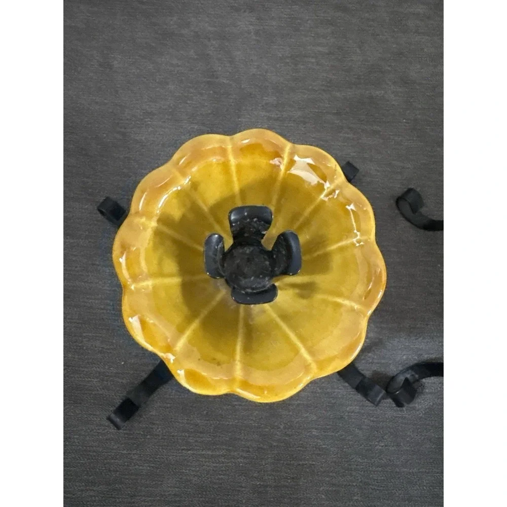 VTG Treasure Craft 2 Candle Holder Black Metal Scroll Yellow Ceramic Floral READ